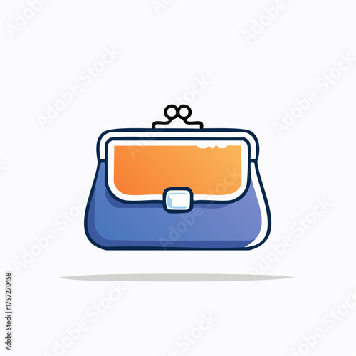 Illustration of a stylish blue and orange purse with a classic clasp design