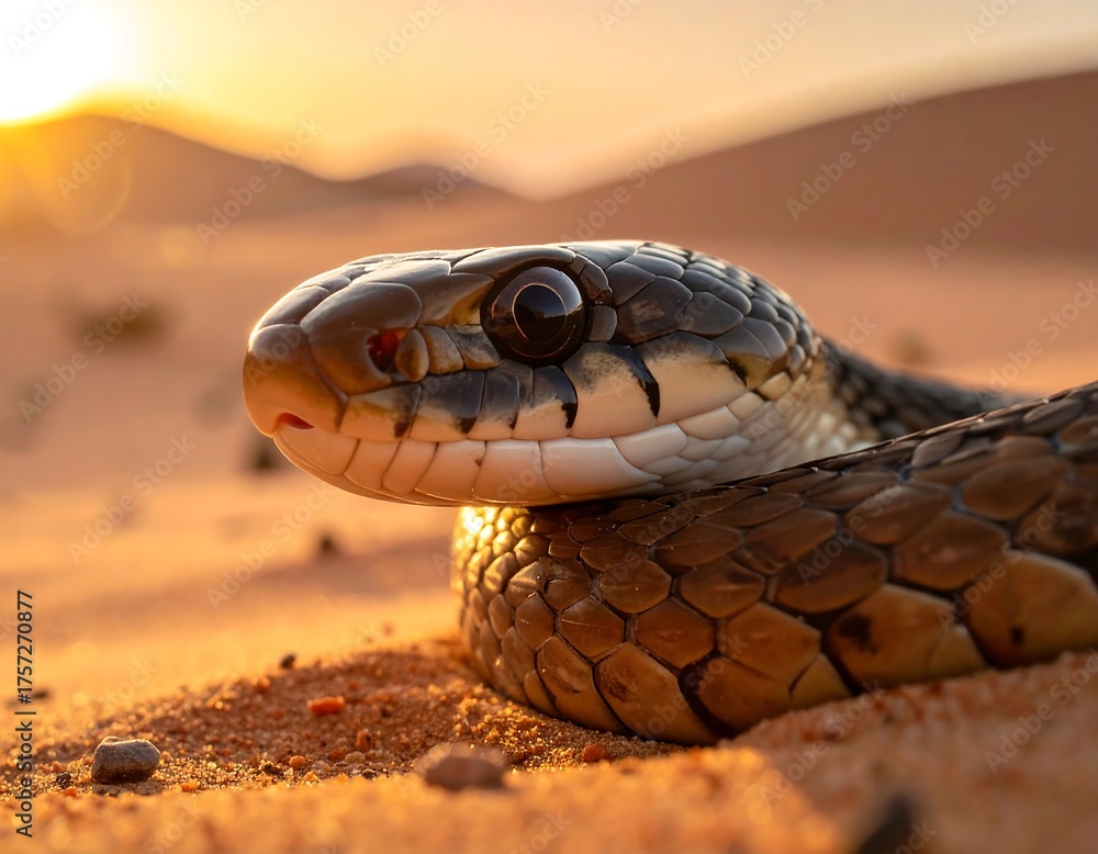 Fototapeta premium Close-up of a snake in the desert, golden light on scales