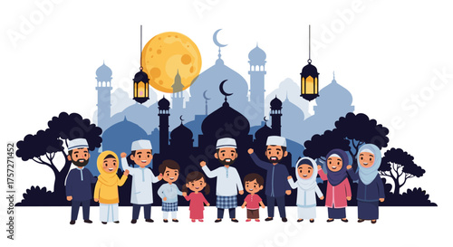 Joyful Muslim family celebrating Eid with mosque silhouettes and moonlit sky creating a festive, spiritual atmosphere for cultural events