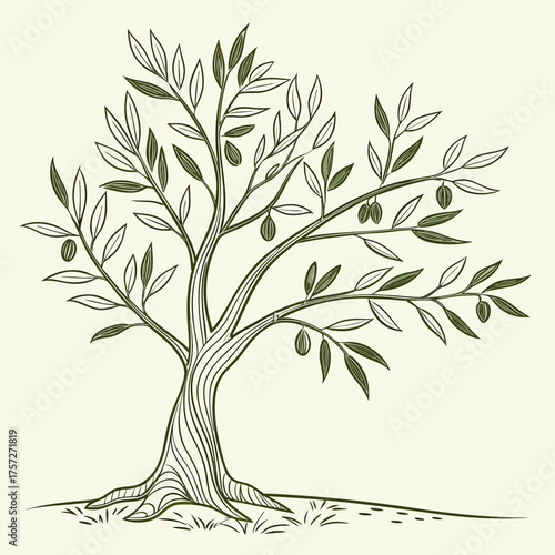 Stylized olive tree with olives and leaves on a cream background
