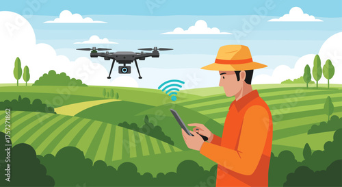 Modern farmer expertly pilots drone using smartphone for precision agriculture in lush green fields, embracing technology for growth and efficiency