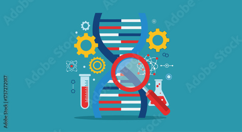 Scientific discovery of DNA structure with magnifying glass and laboratory equipment symbolizing research and innovation in biotechnology