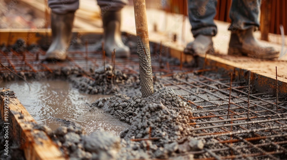 Naklejka premium Construction Workers Pouring Concrete at Building Site