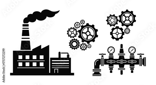 Dynamic industrial factory with smoking chimney, intricate gears, and pressure gauges symbolizing manufacturing and production processes