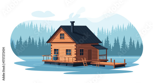 Cozy wooden cabin nestled by tranquil icy lake surrounded by serene evergreen forest, inviting peaceful winter retreat getaway