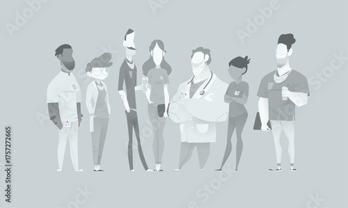 Vector illustration of seven medical professionals standing in a row — doctors, nurses, and healthcare staff in neutral tones, faceless characters for team or hospital design concepts