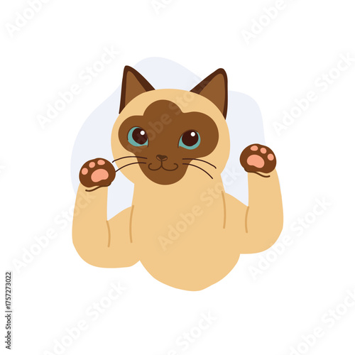 cute siamese cat cartoon with blue eyes and raised paws. for pet themed designs posters and stickers for everyday use