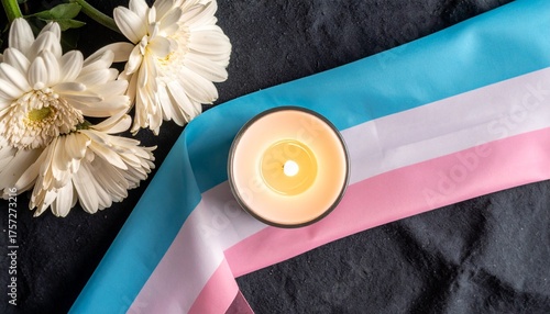 Transgender Pride Symbol Candle and Flowers with the Transgender Pride Flag