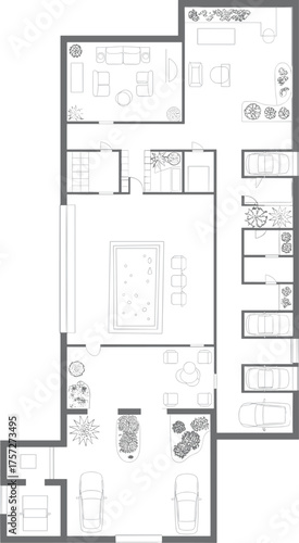 Residential house plan, architectural layout, vector illustration, CAD drawing, flat style, swimming pool, garage, patio, rooms, landscaping