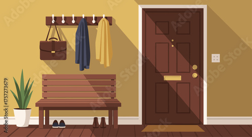 Warm and inviting entryway with a wooden bench coat rack and plants, perfect for creating a welcoming atmosphere in any home or business space