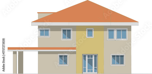 Residential house elevation, front view, vector illustration, CAD drawing, flat style, pitched roof, carport, windows, entrance, facade