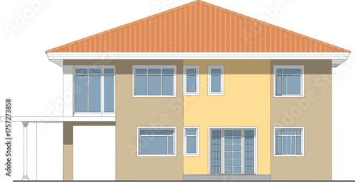 Residential house elevation, front view, vector illustration, CAD drawing, flat style, gable roof, carport, windows, balcony, entrance