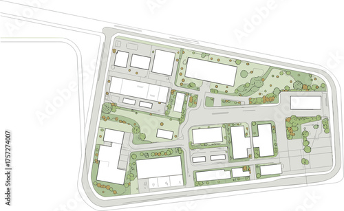Triangular site plan, architectural layout, vector drawing, CAD style, buildings, roads, parking, trees, shrubs, pathways, green spaces