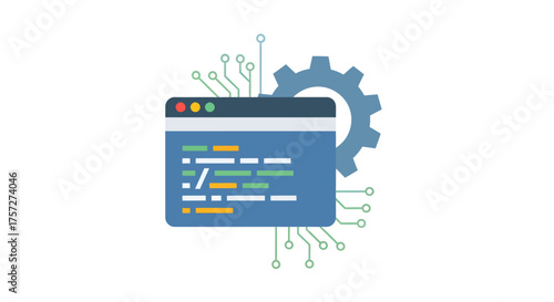 Flat design vector illustration of a programming code editor with a gear and circuit lines, representing software development and automation.