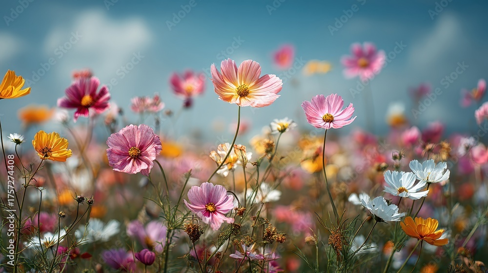 Obraz premium Vibrant Wildflowers in a Sunny Meadow With Pink, Purple, and Yellow