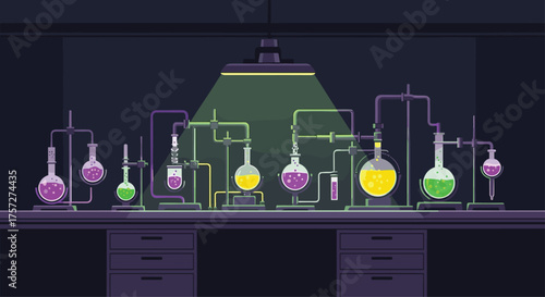 Vibrant laboratory setup with bubbling colorful liquids in glass beakers and flasks under intense overhead lighting, showcasing scientific experimentation