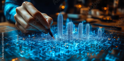 An architect brings architectural designs to life with 3D holographic construction models. Generative AI.