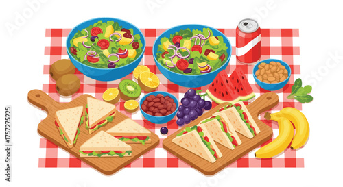Fresh and vibrant picnic spread featuring delicious sandwiches, crisp salads, juicy fruits, and refreshing drinks perfect for outdoor dining and summer celebrations