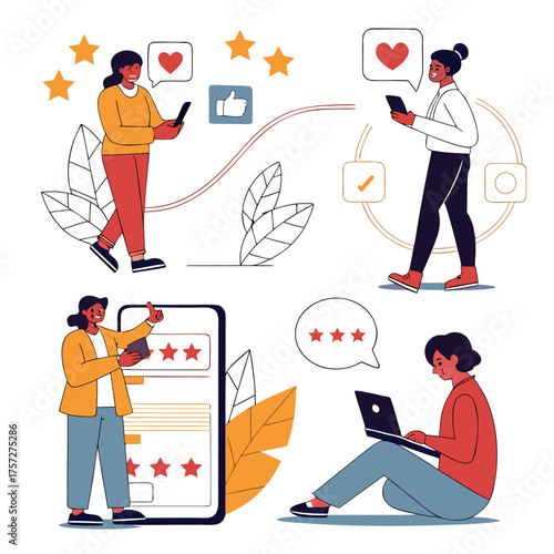 Diverse people engaging in digital communication and social media interactions vector illustration