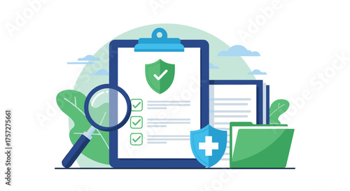 Secure document verification process with magnifying glass and checklist, ensuring accuracy and compliance for professional business operations