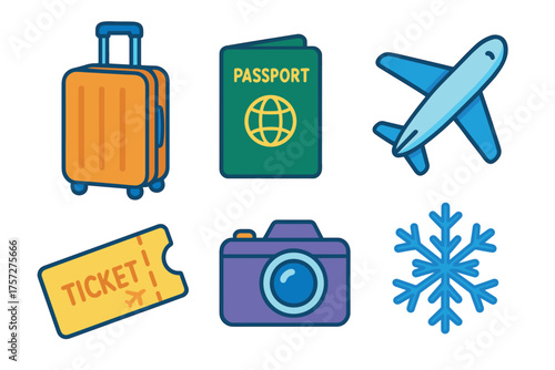 Travel essentials for winter vacation adventures and exploration. Set of 6 vector illustration