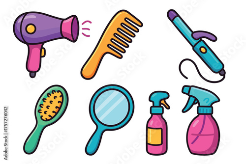 Essential hair care tools for professional and home use. Set of 6 vector illustration