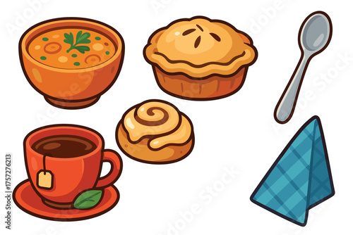 Cozy meal time with soup, pie, coffee, and baked goods for enjoyment. Set of 6 vector illustration