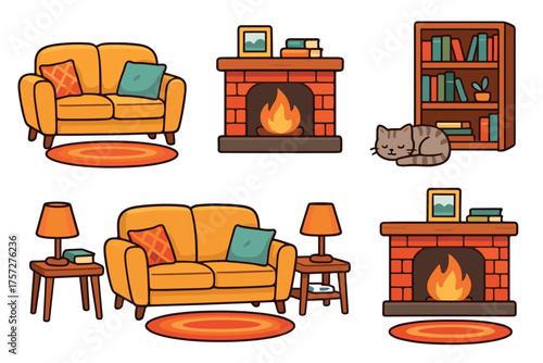 Cozy living room scene with a fireplace and a sleeping cat. Set of 6 vector illustration