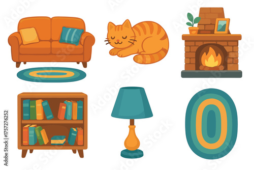 Cozy living room elements with a cat and warm fireplace setting. Set of 6 vector illustration
