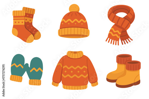Warm autumn clothing essentials for chilly weather and cozy days. Set of 6 vector illustration