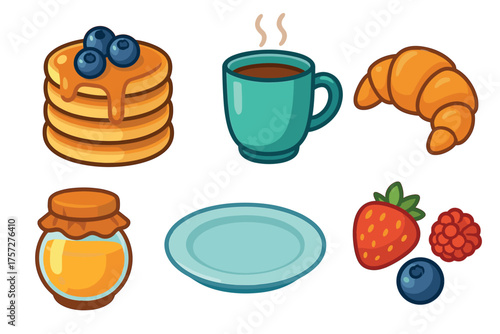 Breakfast spread with pancakes, coffee, croissant, and fruit. Set of 6 vector illustration