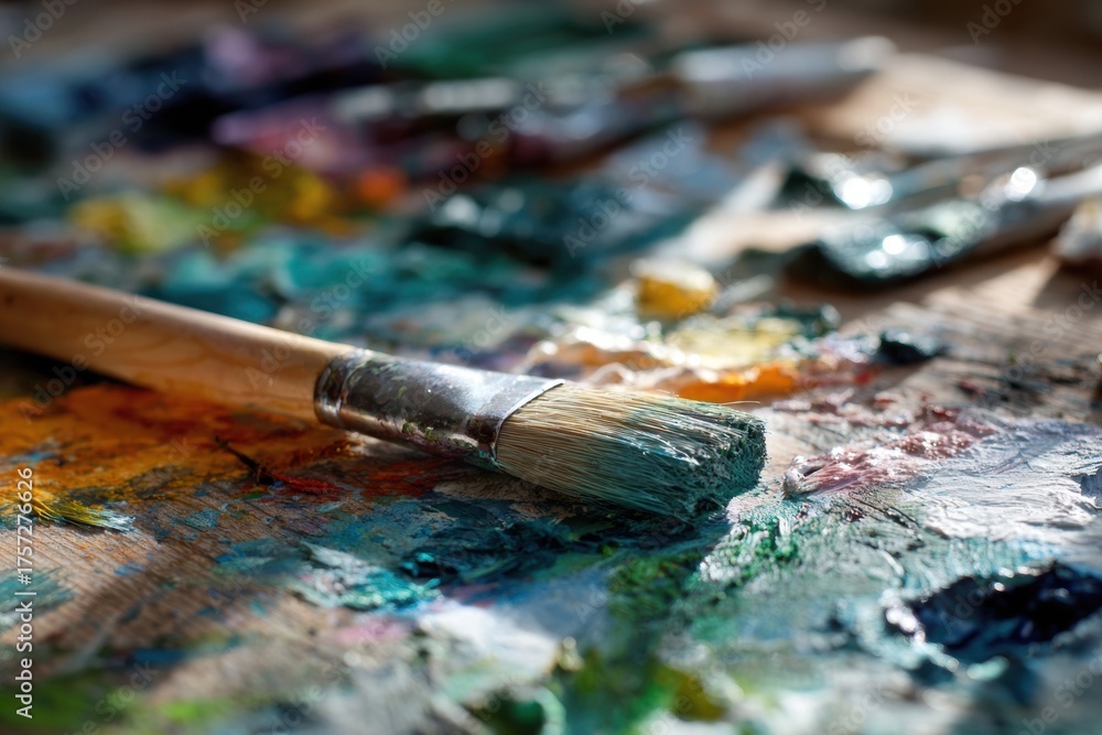Fototapeta premium Vibrant Creative Chaos: Paintbrush on Messy Color Palette in Studio Light