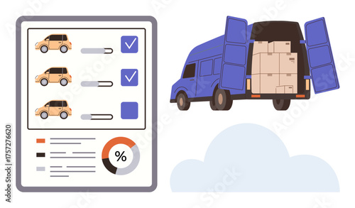 Delivery van loaded with boxes, open doors, checklist showing vehicle options, completed tasks, and performance chart. Ideal for logistics, transportation, delivery, tracking analytics inventory