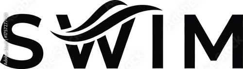 Black word swim with stylized waves over the letter w water sport