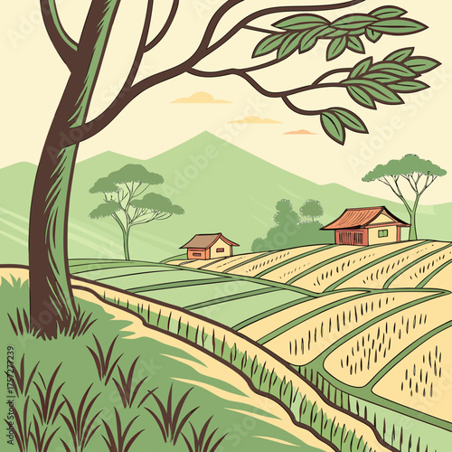 Vector illustration of idyllic rural landscape with terraced fields and traditional houses