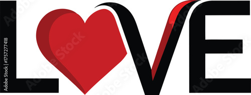 Red heart graphic integrated into the word love with black letters and red accents vector