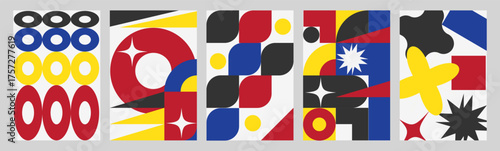 A set of bright abstract backgrounds. Geometric retro posters in a brutal style. Vector illustration.