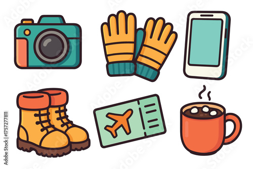 Essential travel items for a winter adventure trip. Set of 6 vector illustration