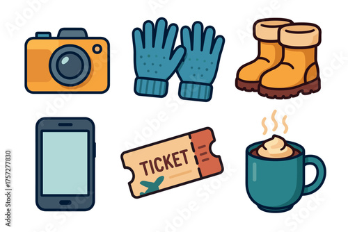 Travel essentials for winter adventures and holiday trips. Set of 6 vector illustration