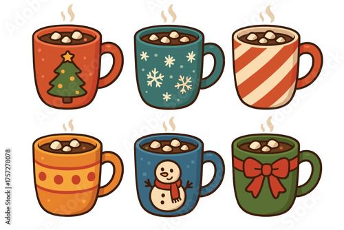 Seasonal mugs filled with hot chocolate for winter celebrations. Set of 6 vector illustration