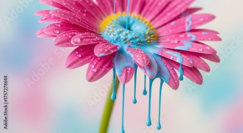 Fototapeta Naklejka Na Ścianę i Meble -  Pink Gerbera Daisy Flower with Blue Paint Drips and Water Droplets Macro Studio Shot