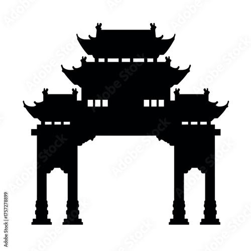 Silhouette of a traditional Chinese gate structure.