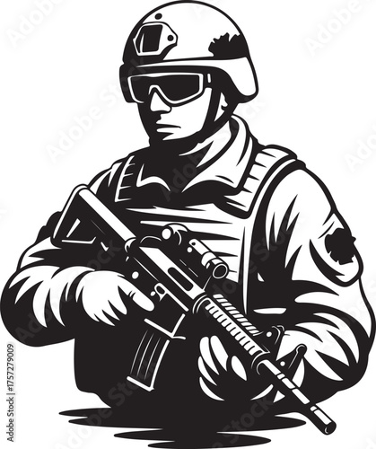 Standing Soldier Silhouette with Rifle Armed Military Man