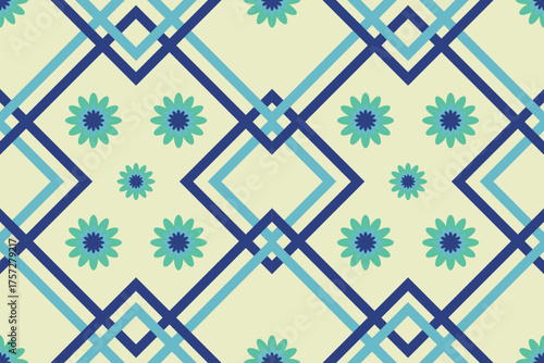 Seamless abstract geometric pattern with green and blule on light yellow color background ,Native American tribal fabric, tile, carpet, vector, illustration design	