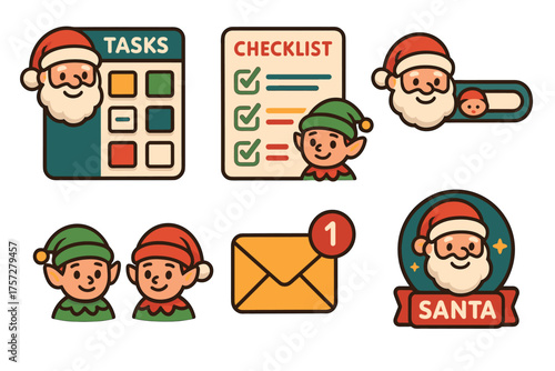 Holiday prep checklist with Santa and elves. Set of 6 vector illustration