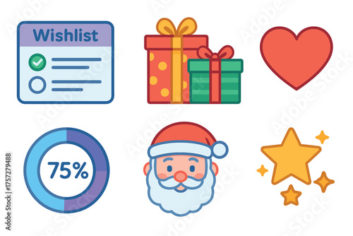 Create a festive wishlist for joyful holiday surprises with gifts. Set of 6 vector illustration