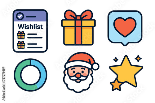 Festive wishlist for joyful holiday gifts. Set of 6 vector illustration