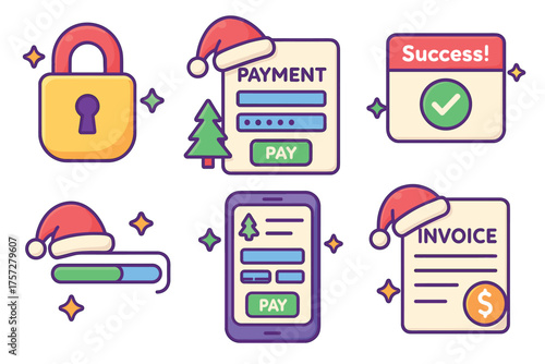 Christmas payment process with festive elements and holiday symbols. Set of 6 vector illustration
