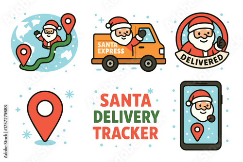 Santa delivery tracker for festive holiday fun and planning. Set of 6 vector illustration