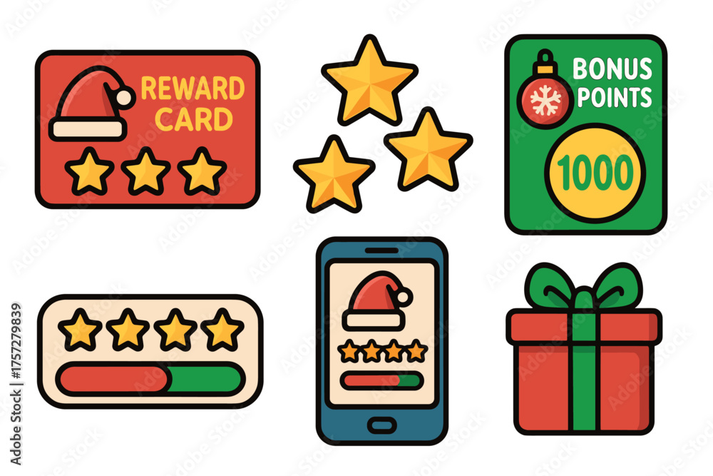 Naklejka premium Reward cards and festive bonus points for holiday shopping season. Set of 6 vector illustration